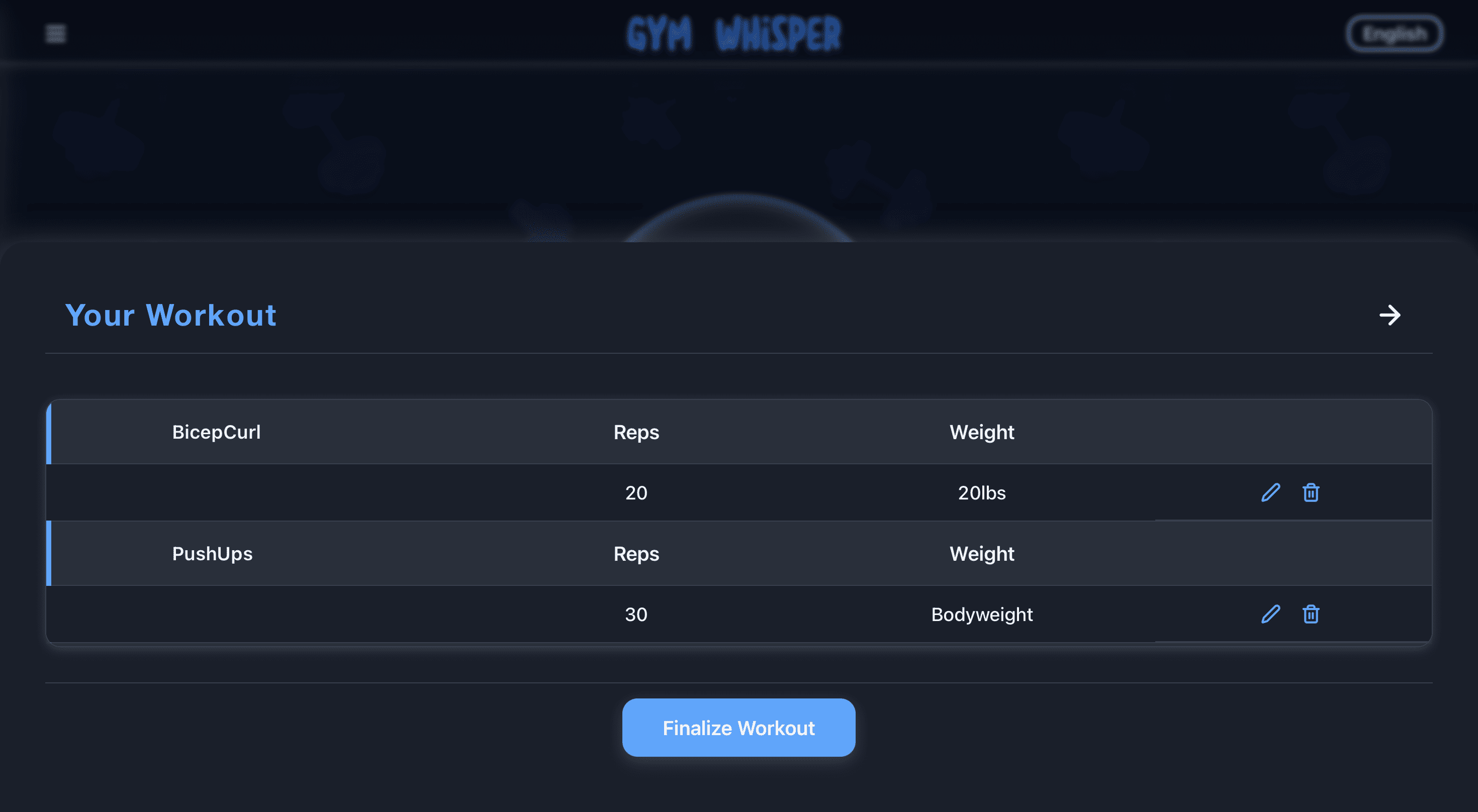 GymWhisper app: voice input and workout panel